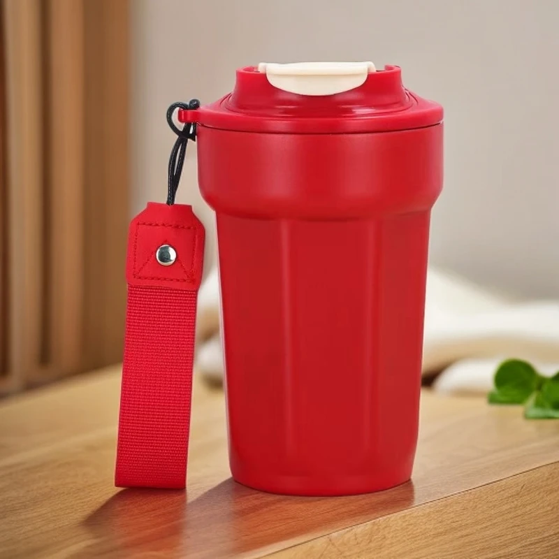 316不锈钢八角咖啡杯高颜值带提绳棱形保温杯车载便携翻盖随行杯