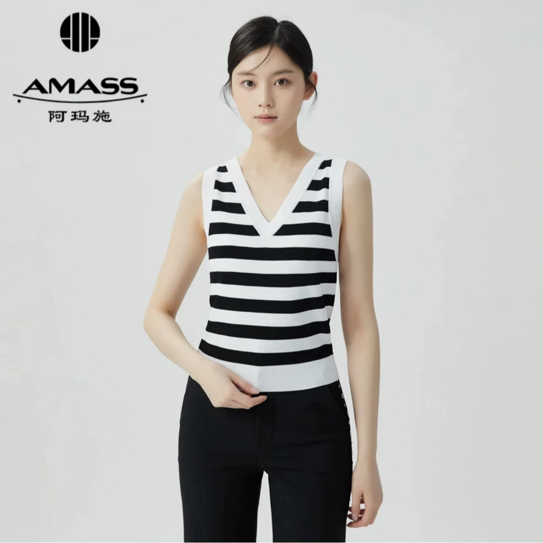 AMASS/阿玛施新款女装冰丝V领条纹无袖背心显瘦内搭上衣5399516
