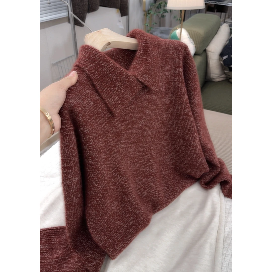 3650【福禄花纱红翻领毛衣】秋冬新款女士韩版宽松外穿上衣