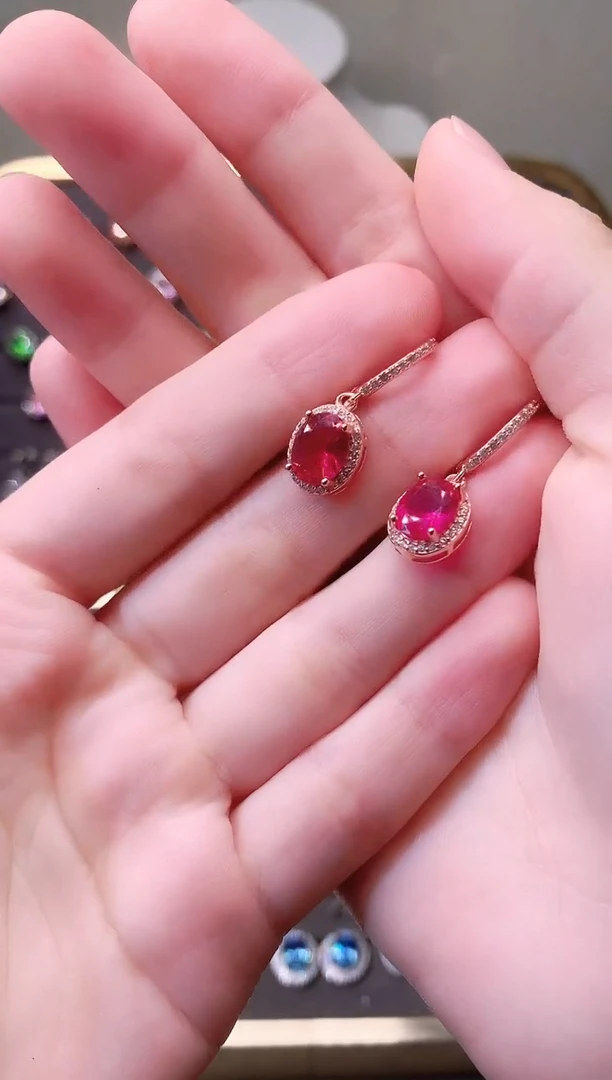 银S925镶嵌耳饰红宝石5223