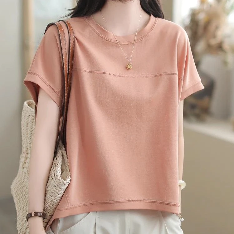 设计感短袖女时尚休闲个性蝙蝠袖纯色圆领气质宽松拼接大码T恤女