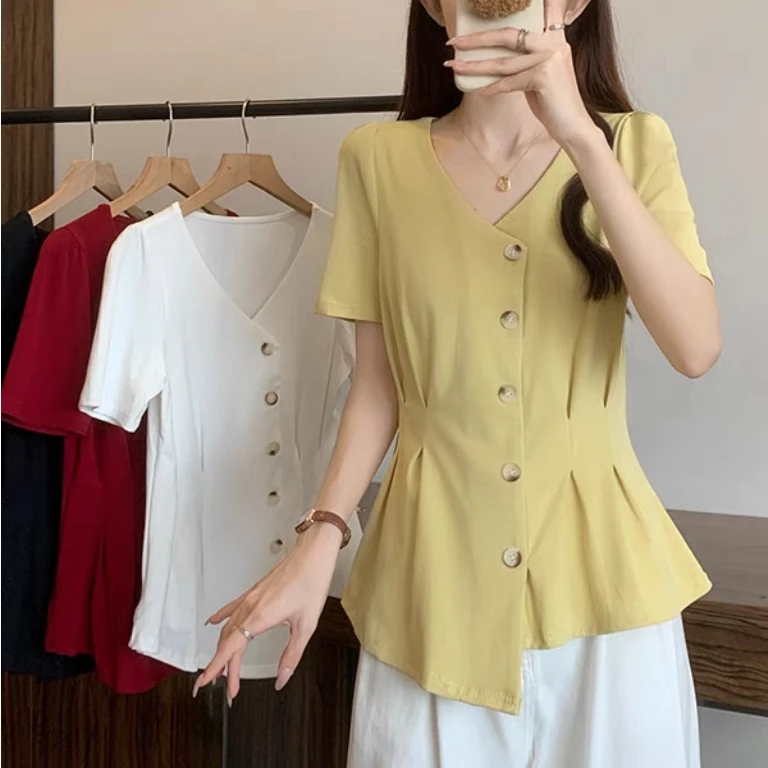 胖MM洛 D25047高级感正肩短袖T恤夏季修身收腰显瘦V领上衣