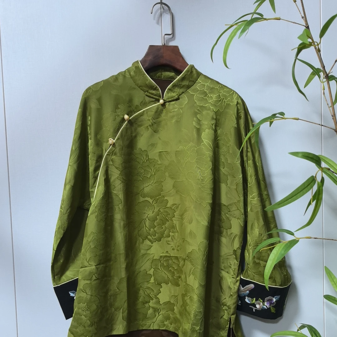 香云纱重缎提花刺绣拼接斜襟国风宽松长袖上衣-50325