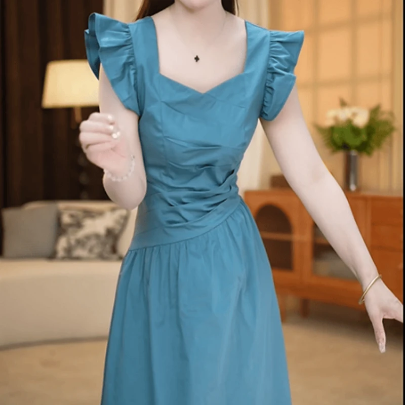 A137【连衣裙】2025夏季新款时尚气质简约纯色收腰显瘦法式连衣裙