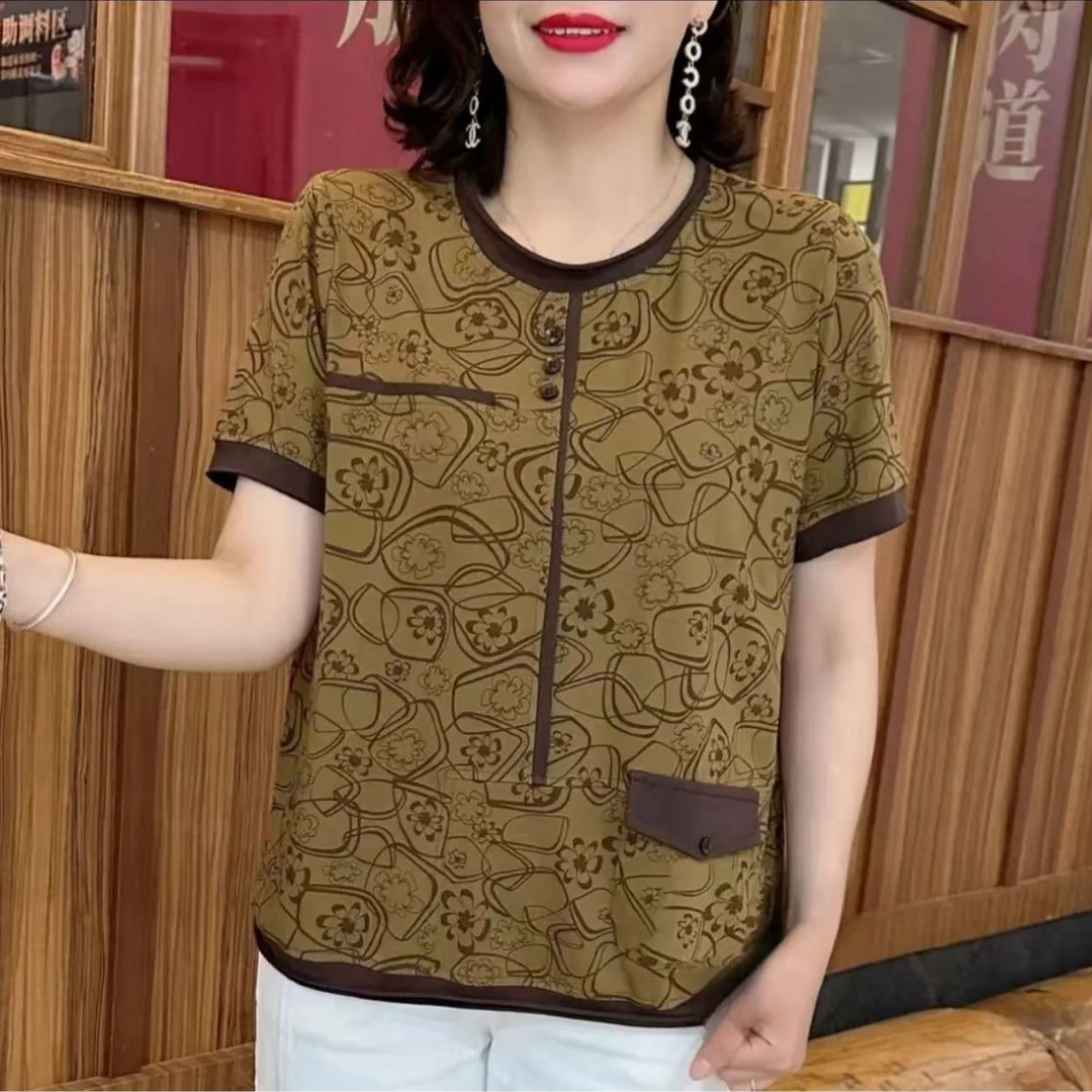 1339-2高档洋气圆领妈妈T恤2025夏季新款时尚休闲百搭宽松上衣