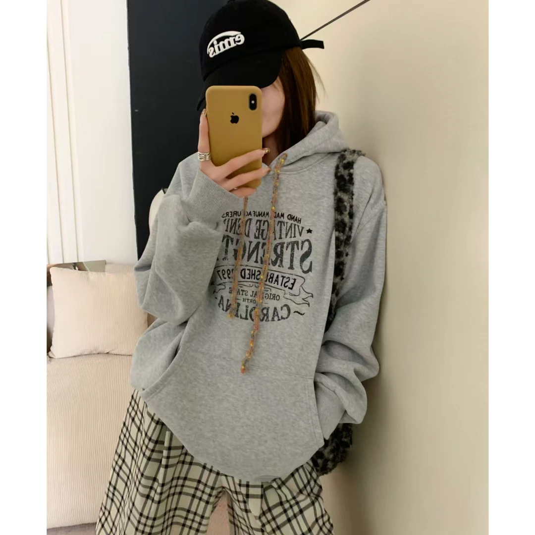 范范家【奥粒绒】韩系连帽编织花绳字母印花加绒卫衣5932