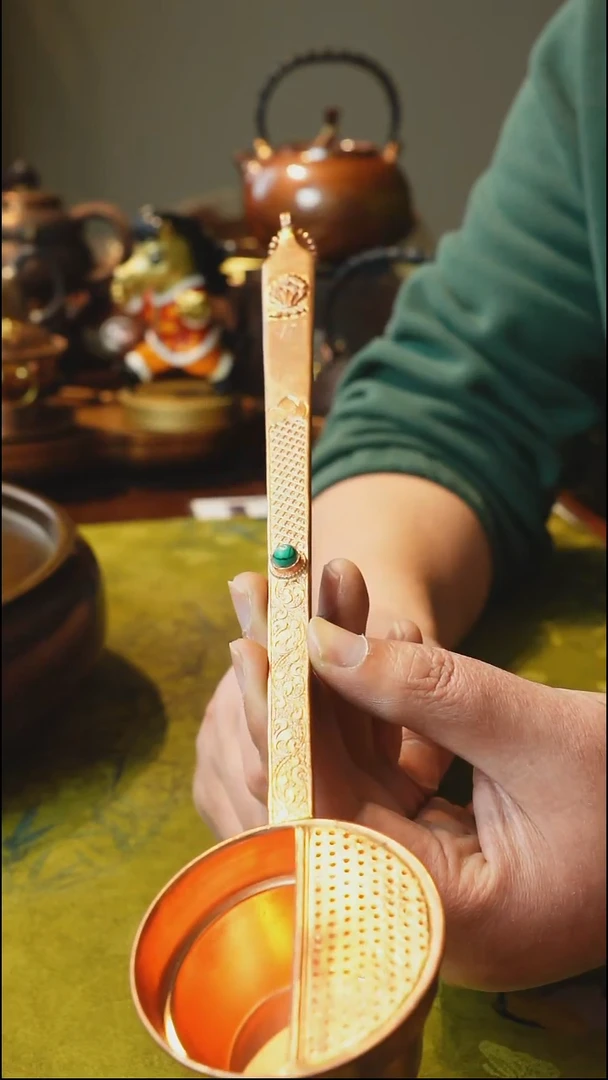 纯紫铜缠枝莲过滤网煮茶勺