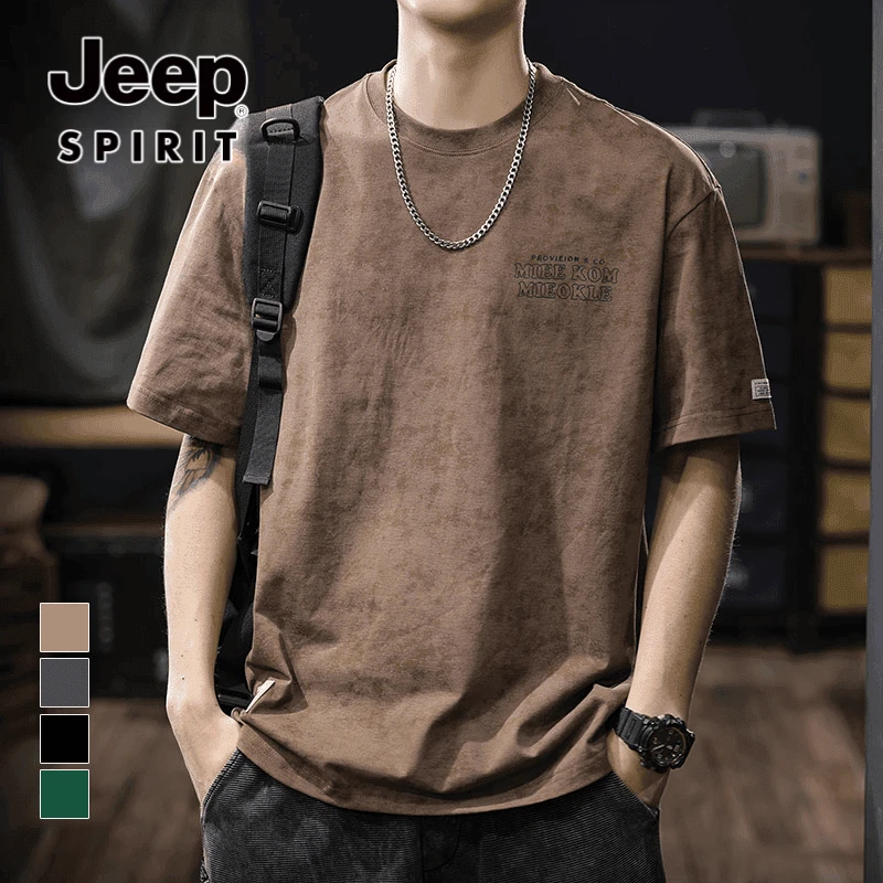 JEEPSPIRIT吉普休闲重磅纯棉水洗复古美式短袖T恤男2025新款夏季