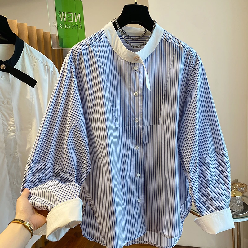 0024早春新款韩代撞色圆领长袖衬衫女内搭棉布白色打底衫漂亮上衣