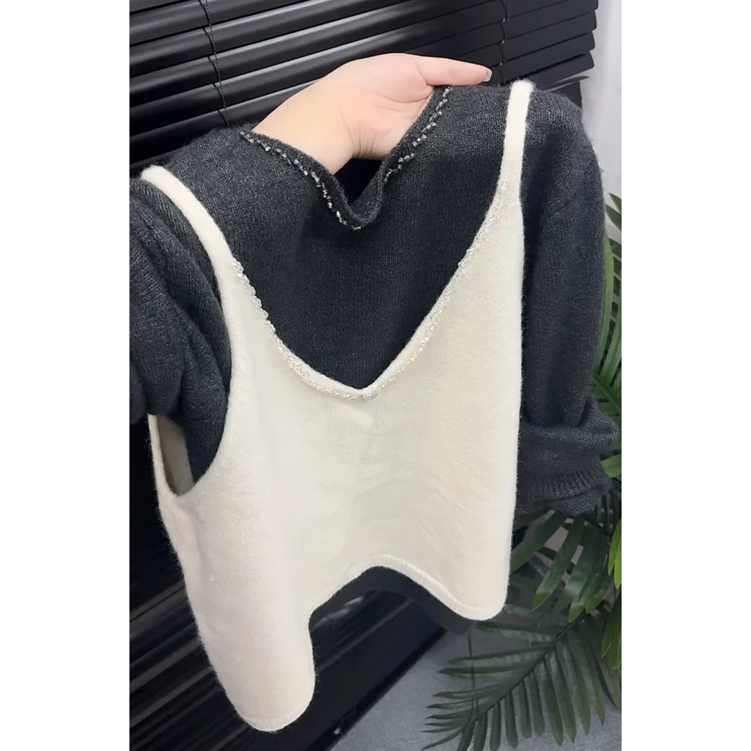 欧货重工钉珠针织背心打底衫两件套2025秋季新款时尚减龄叠穿上衣