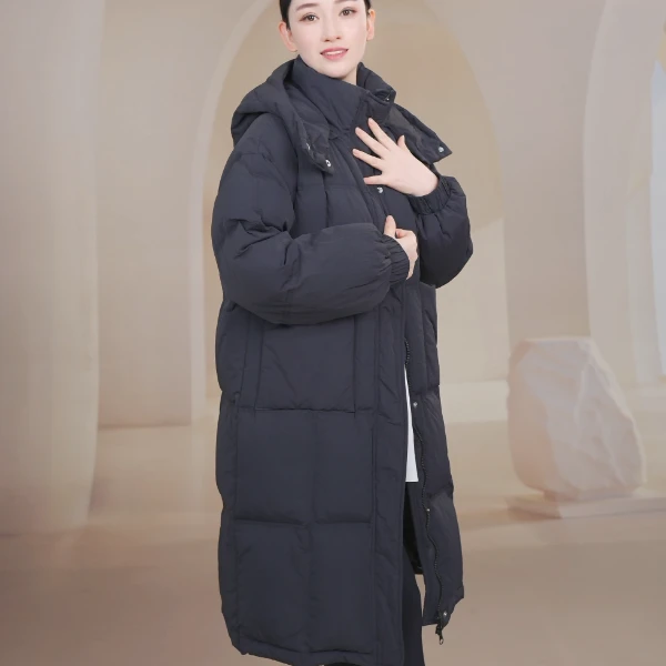 新款韩版宽松中长款纯色大口袋款可拆卸连帽女款羽绒服外套