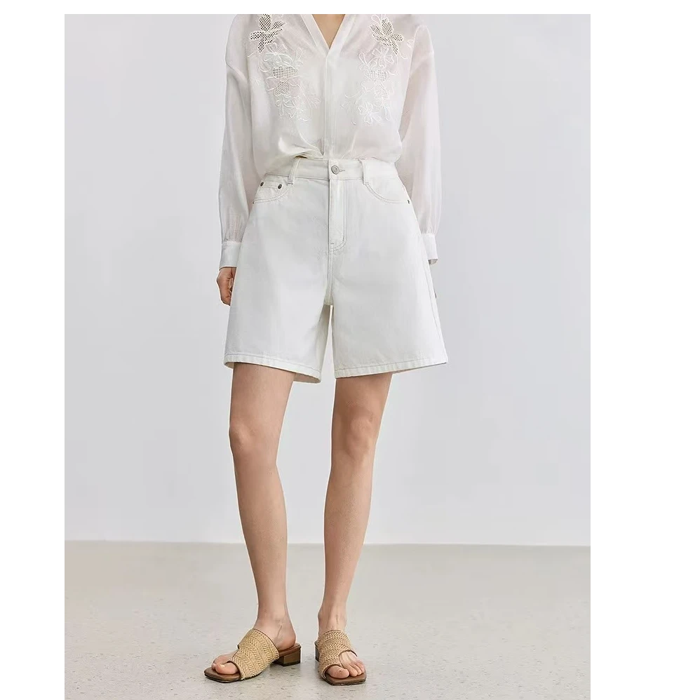 TY/-夏新款简约时髦通勤米白色牛仔裤短裤女*As 4053