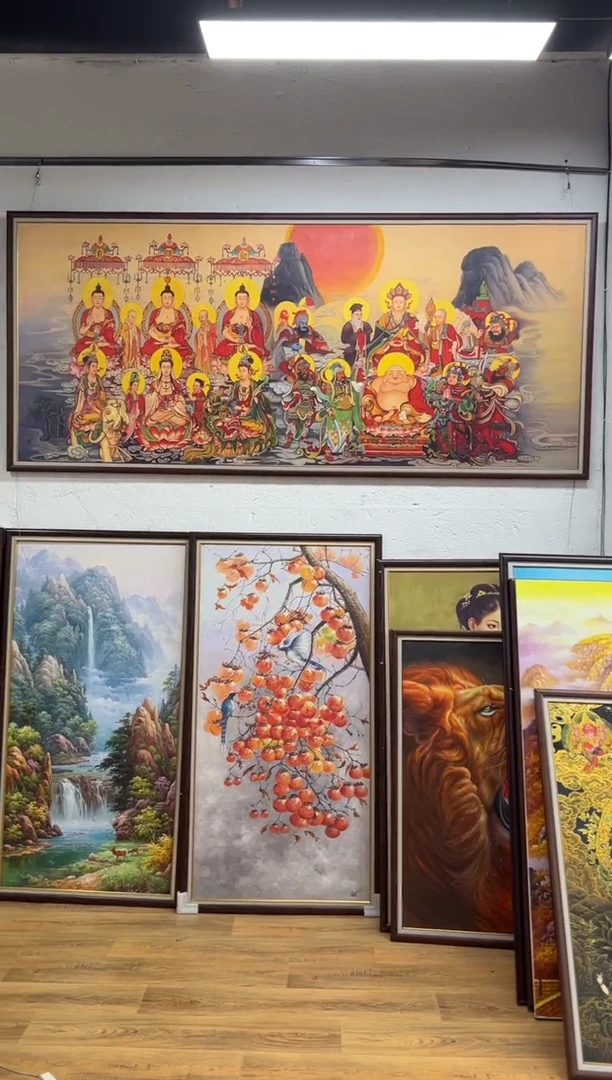 油画控*心纯手绘！纯手绘！【张俊龙】全佛图原创艺术油画禅意茶室