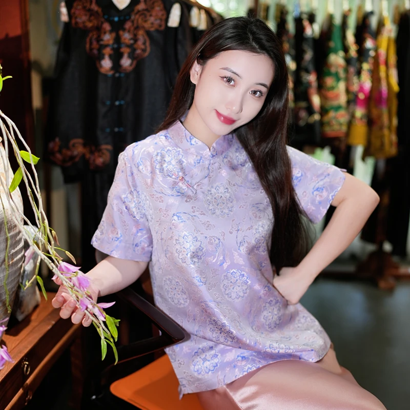 蓝大【璃梦】桑蚕丝新中式立领短袖上衣7718