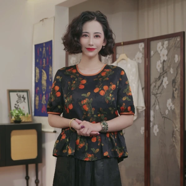 【柿柿如意】100%桑蚕丝花萝时尚百搭暗纹提花圆领短袖小上衣C115