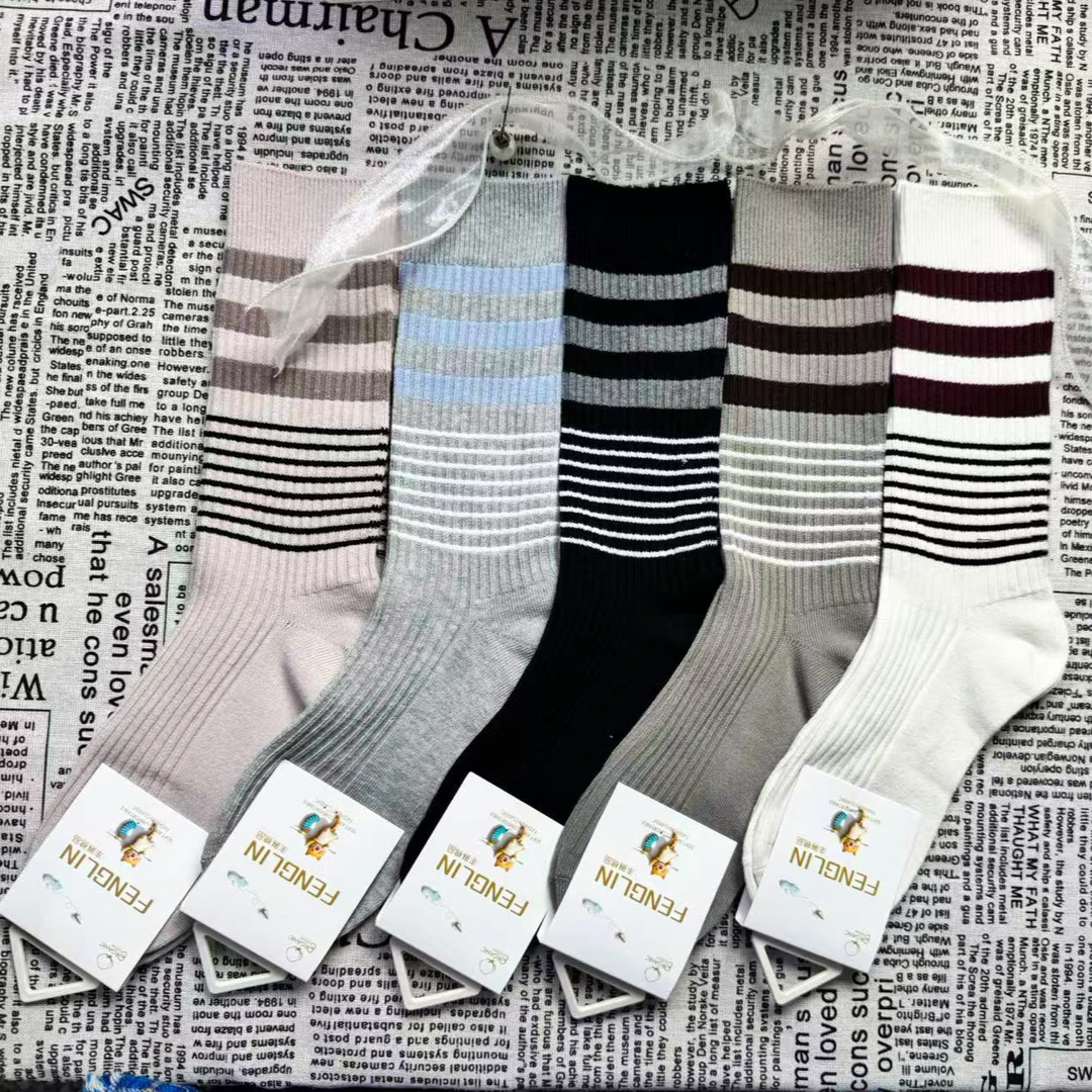 双针精梳纯棉高筒条纹女袜透气条纹性感风冬季秋季常规款春季