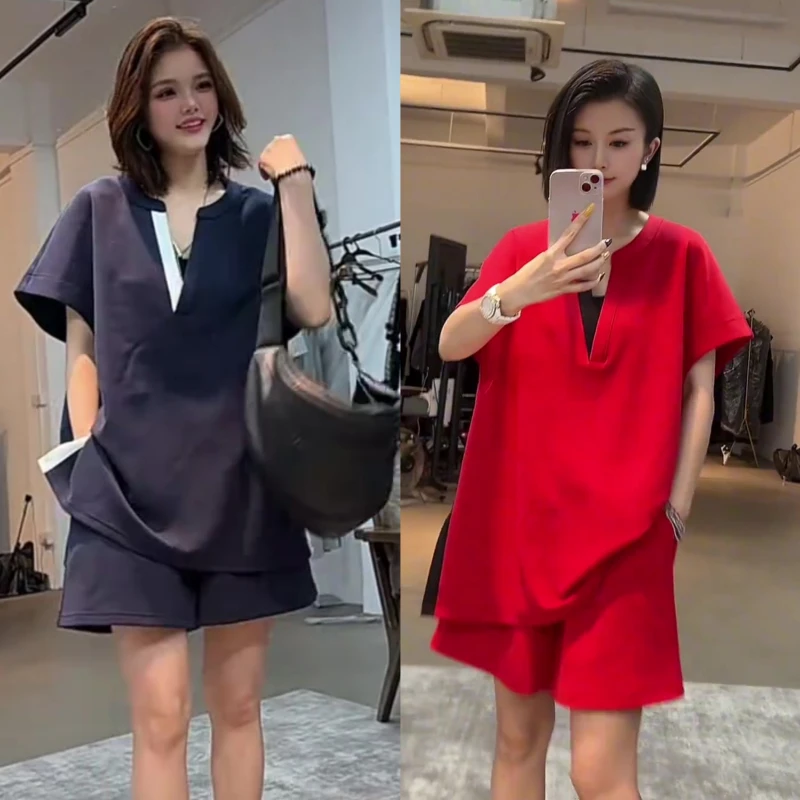 慵懒风时尚豆蔻剪刀领热夏短裤套装女显瘦气质运动休闲两件套