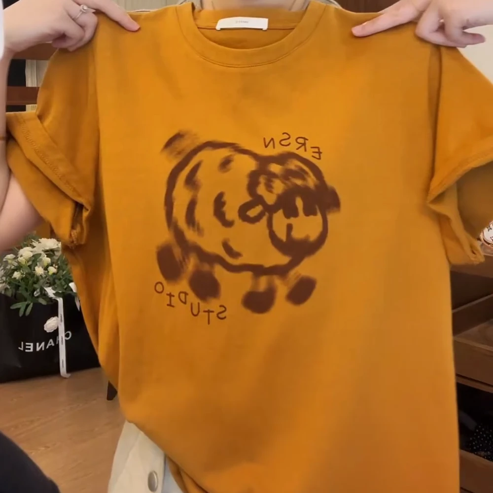 【眩晕小羊】夏季新款韩系刺绣印花正肩t恤宽松百搭显瘦上衣
