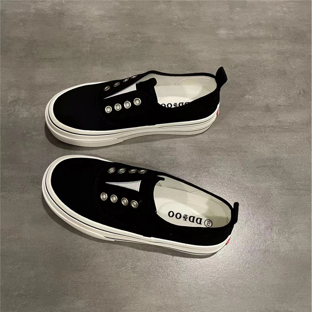 D-033   黑色小白鞋女鞋女夏季新款透气帆布鞋女复古休闲潮流板鞋