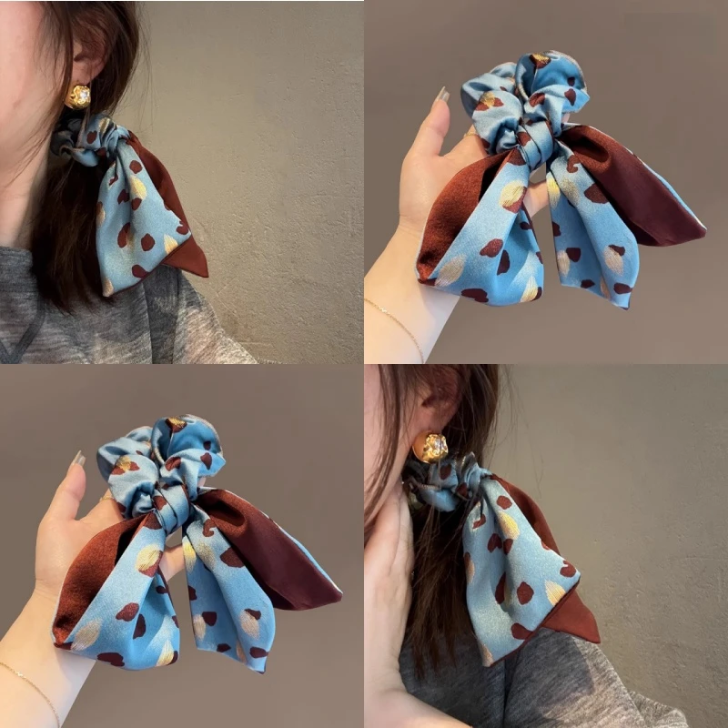 韩国新款发饰2025精致红棕色油画印飘带蝴蝶结发绳发圈撞色肥肠圈