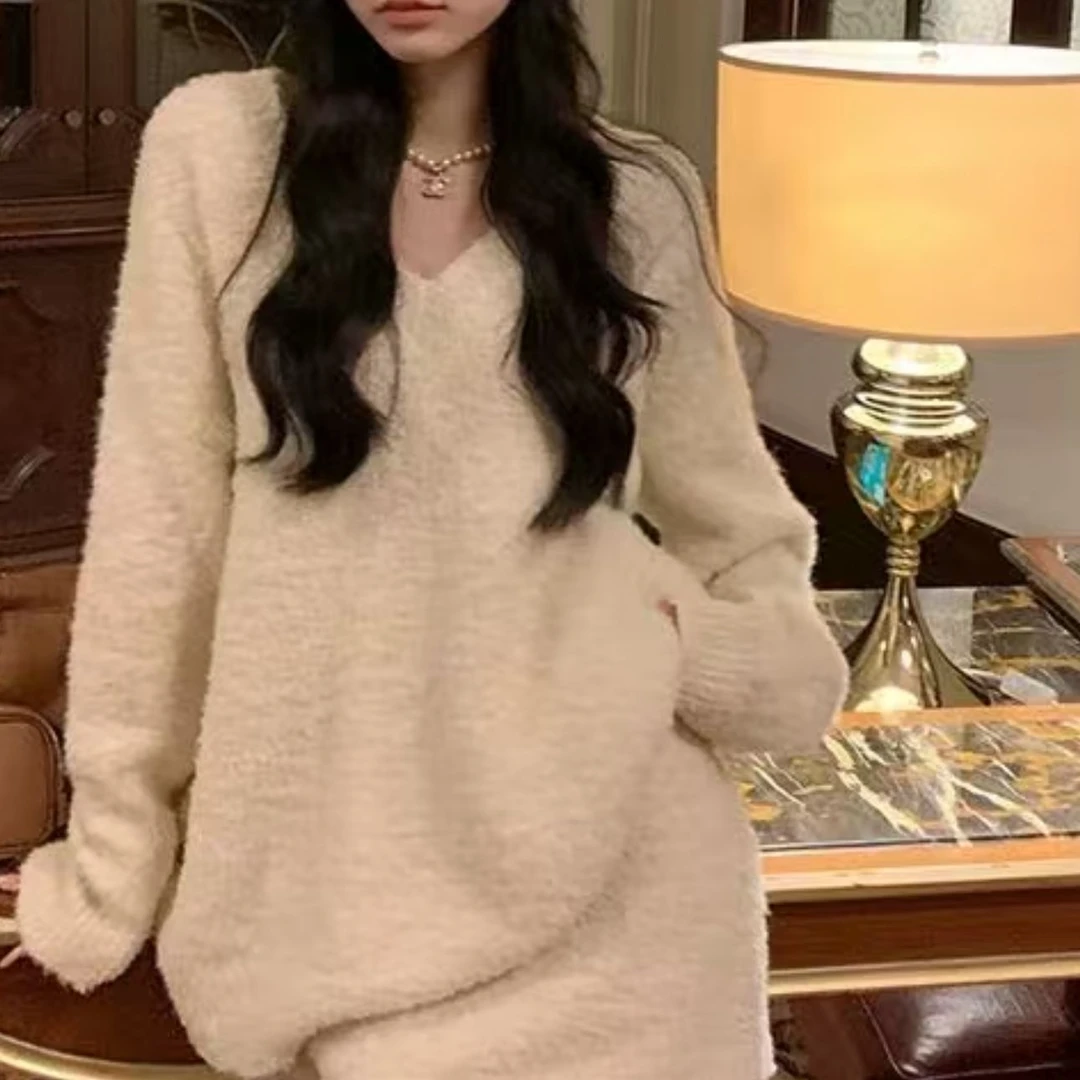 秋冬慵懒风毛衣两件套显瘦温柔时尚针织气质套装