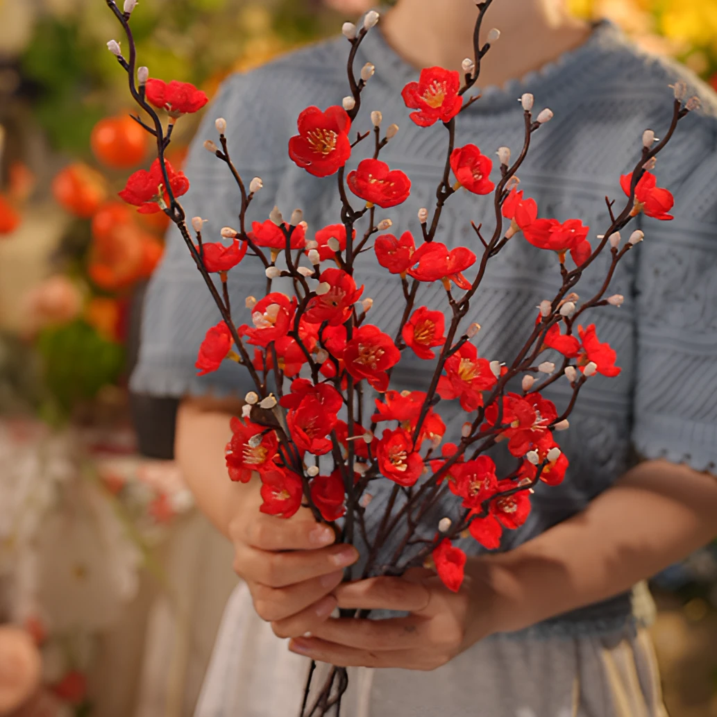 红色梅花 仿真花  插大瓶 中式喜庆红色系列假花 客厅花