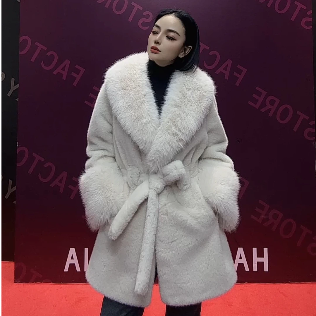 522大毛领系带毛毛外套女中长款气质网红白色时尚百搭皮毛一套