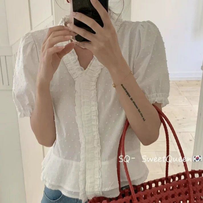 2025夏装新款微胖大码女高级感减龄v领木耳边小衫上衣