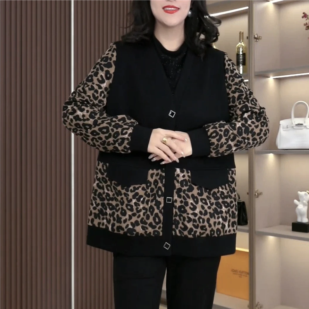 丹思慕大码女装秋季新款显瘦遮肉拼接豹纹气质休闲外套ZSX25A0215