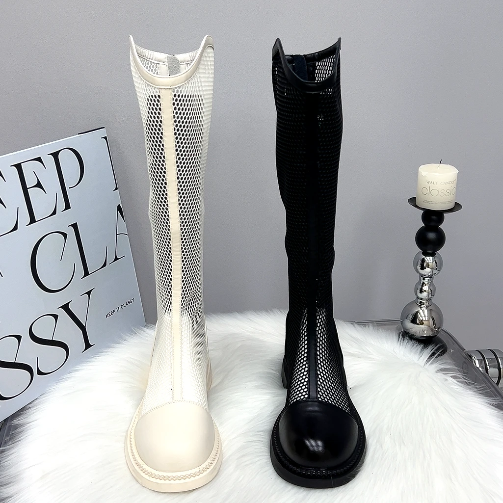 (胖瘦两筒围可选)2025春夏新款高个子平底显瘦时尚百搭皮V口长靴