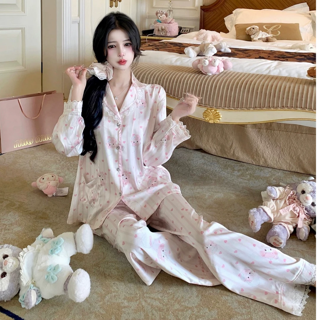 【海派甜心】冰丝睡衣女春秋季翻领蕾丝花边长袖长裤冰雪丝家居服
