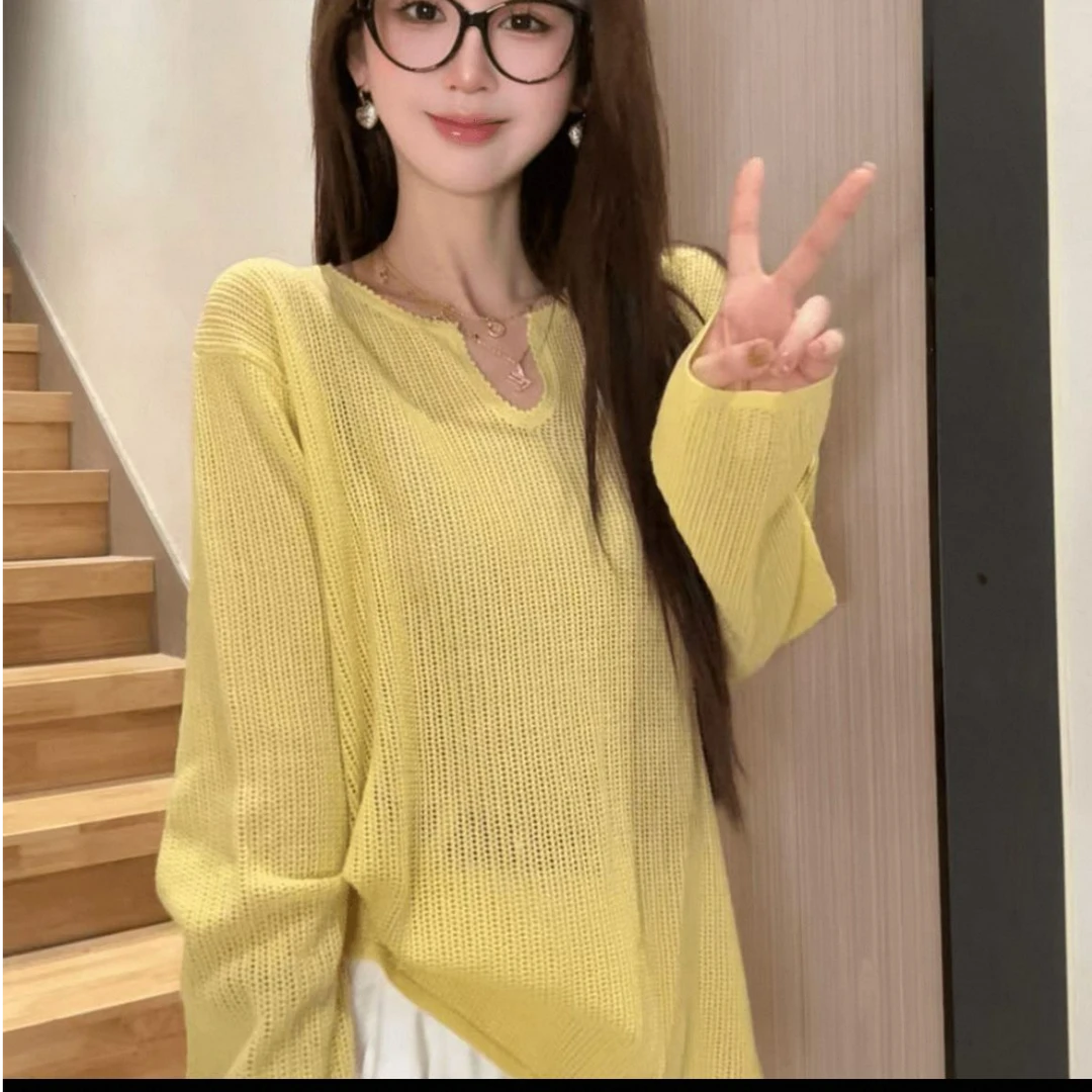 黄色蓝色V领长袖空调罩衫镂空宽松显瘦百搭慵懒风2025春季新款女