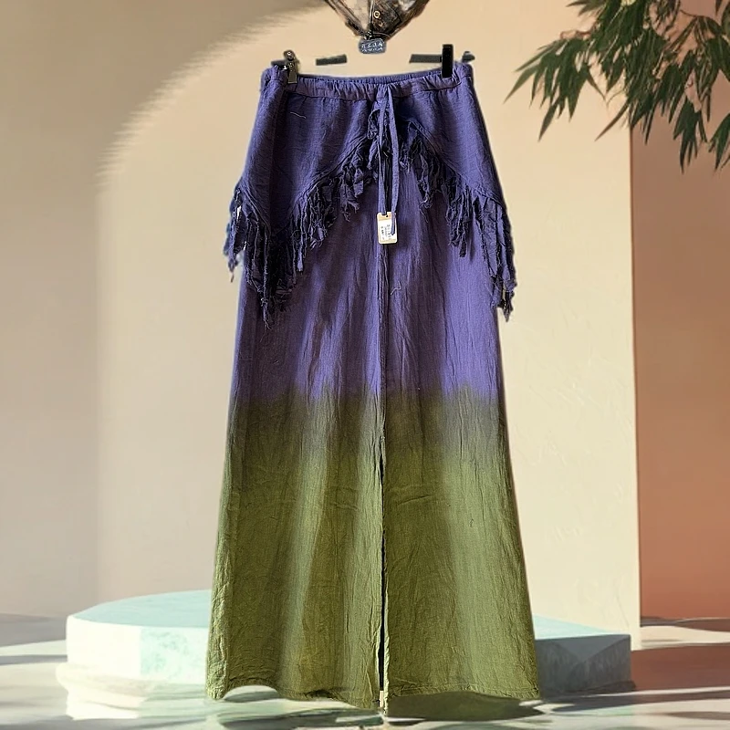 手工植物染渐变个性时尚百搭复古长款休闲夏季度假扎染女士半身裙