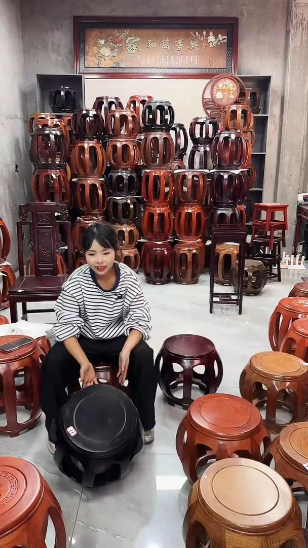 【闪购商品】花梨木类家具微瑕花梨木黑檀色小号鼓凳一对11号