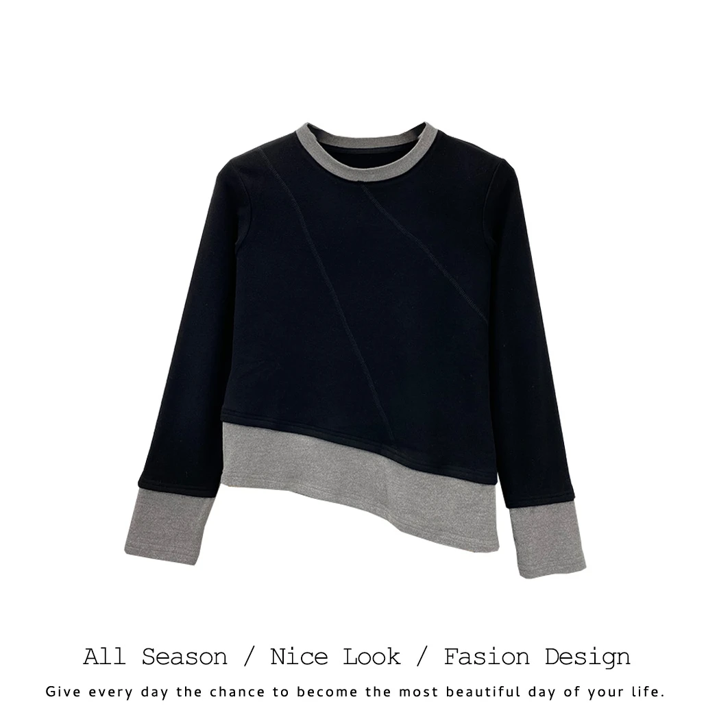 914  时尚黑色圆领磨毛打底衫内搭假两件正肩长袖    款号#016