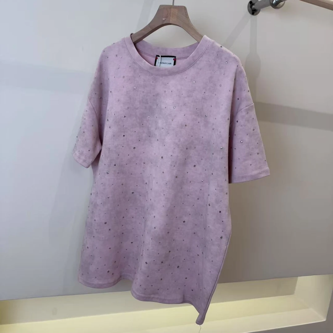 【10198】新款纯色满钻休闲百搭短袖