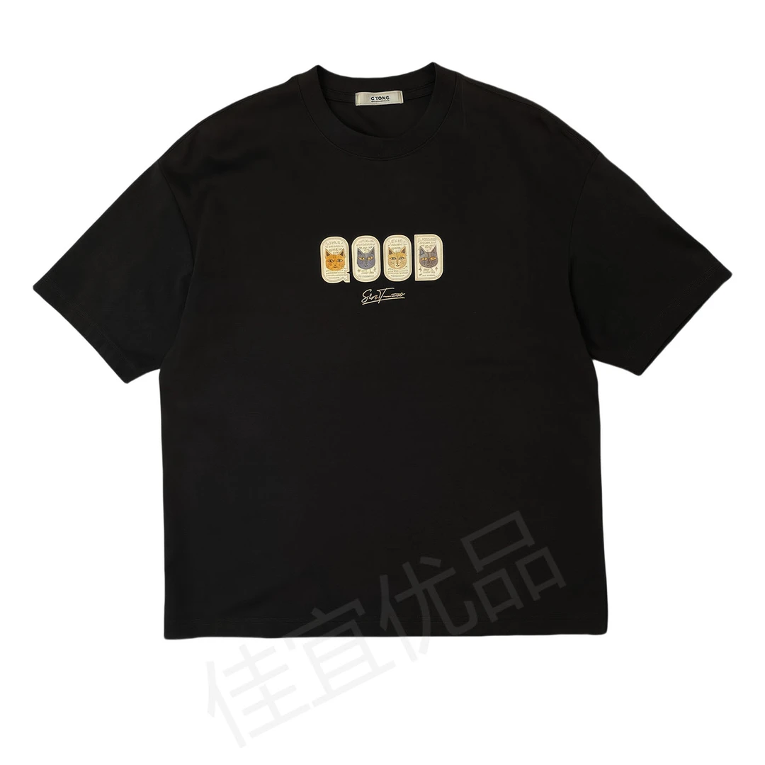 2025夏季新款时尚商务休闲短袖男士潮流小猫半袖T恤青春活力圆领T