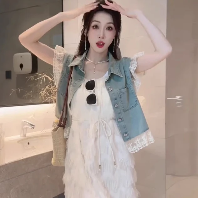 2025新款夏季薄款拼接蕾丝牛仔衬衣上衣女复古休闲气质显瘦衬衫潮