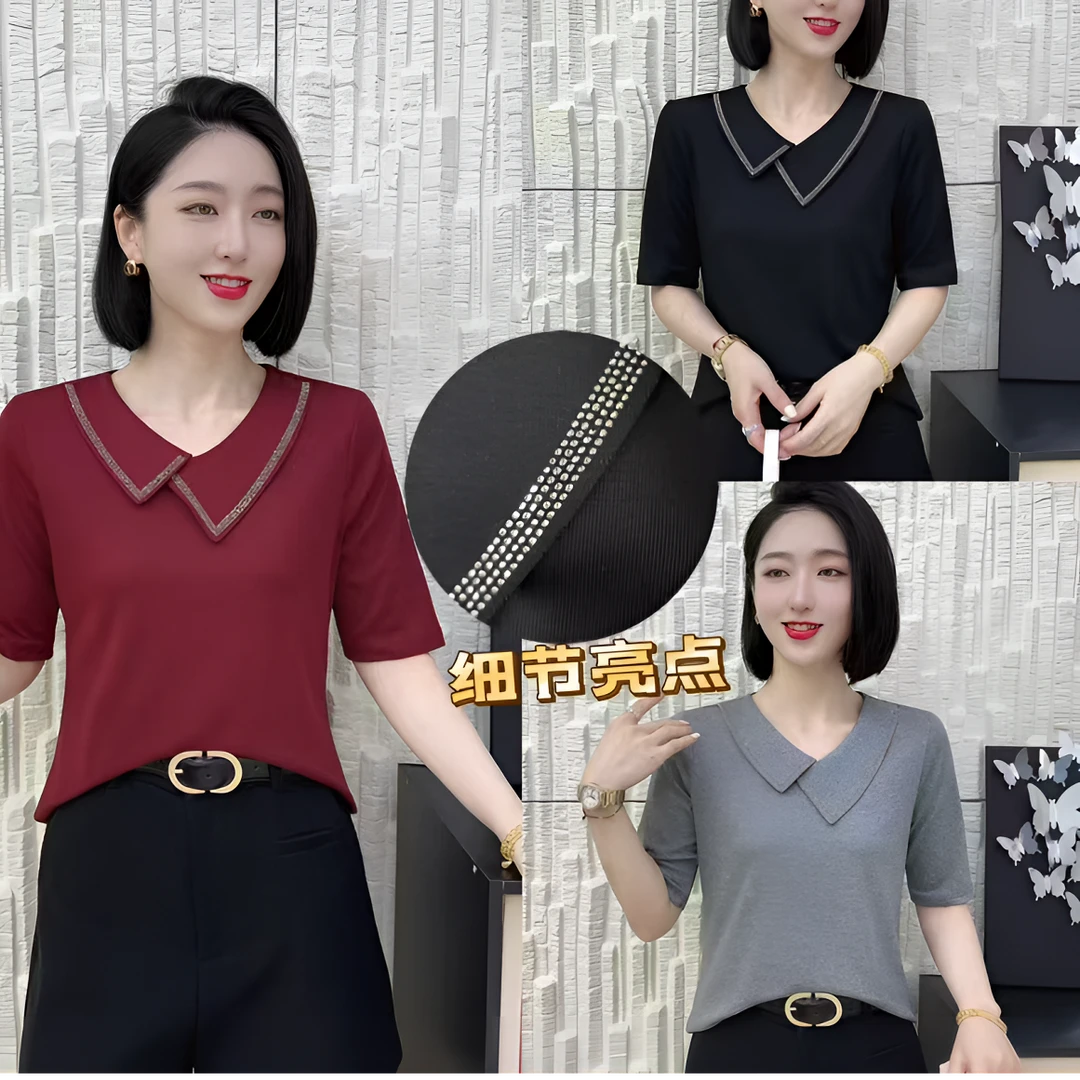 【玲子现货】 8972 领子带钻南韩时尚显瘦女T显瘦上衣