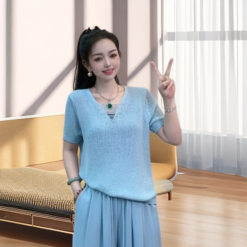 慵懒风V领流苏短袖针织衫1136
