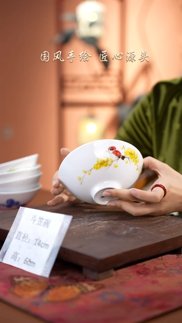 陶瓷景德镇高温釉中彩斗笠碗直径14高6