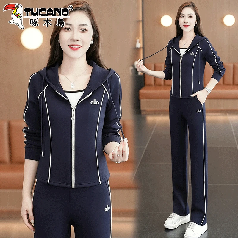 啄木鸟连帽卫衣运动服套装女2025新款洋气时髦女士休闲妈妈两件套