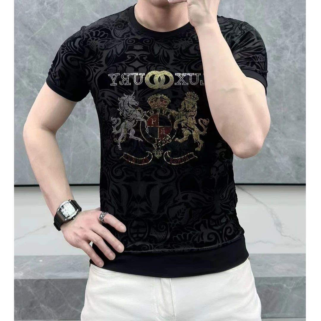 欧洲站夏季新款男士男款轻奢高品质冰丝植绒雕花修身圆领短袖