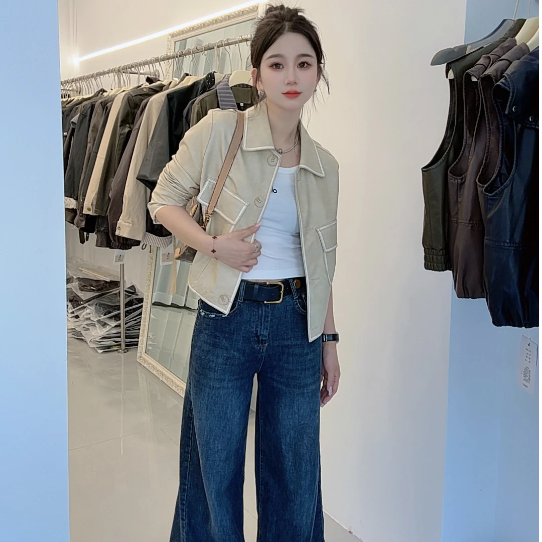 2025秋季新款宽松常规款女翻领短皮衣外套短款休闲时髦复古