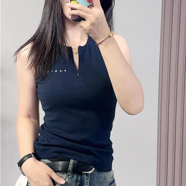 519#字母印花半拉链无袖背心打底洋气时尚修身百搭