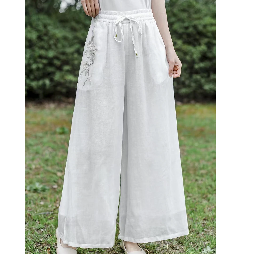 【舒适亲肤】100支细苎麻刺绣阔腿裤 带内衬松紧腰双层休闲长裤女