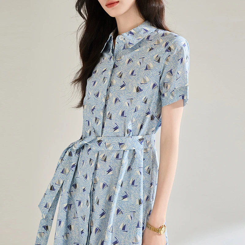 【MUYU】全棉显瘦抗皱棉印花蓝色帆船圆领长款连衣裙18830