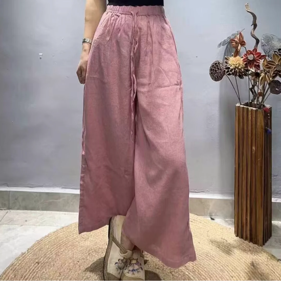 亚麻长裤100%纯亚麻女款高个子慵懒宽松松紧腰系带阔腿文艺休闲裤