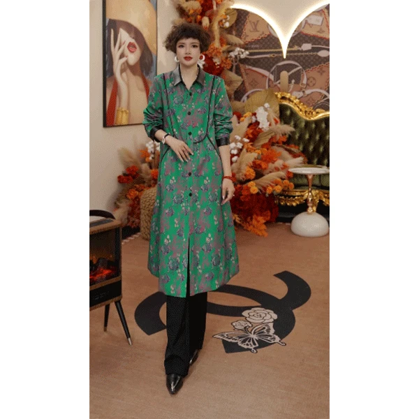 《中式美学》7602 时尚复古宽松气质碎花休闲中长款风衣外套