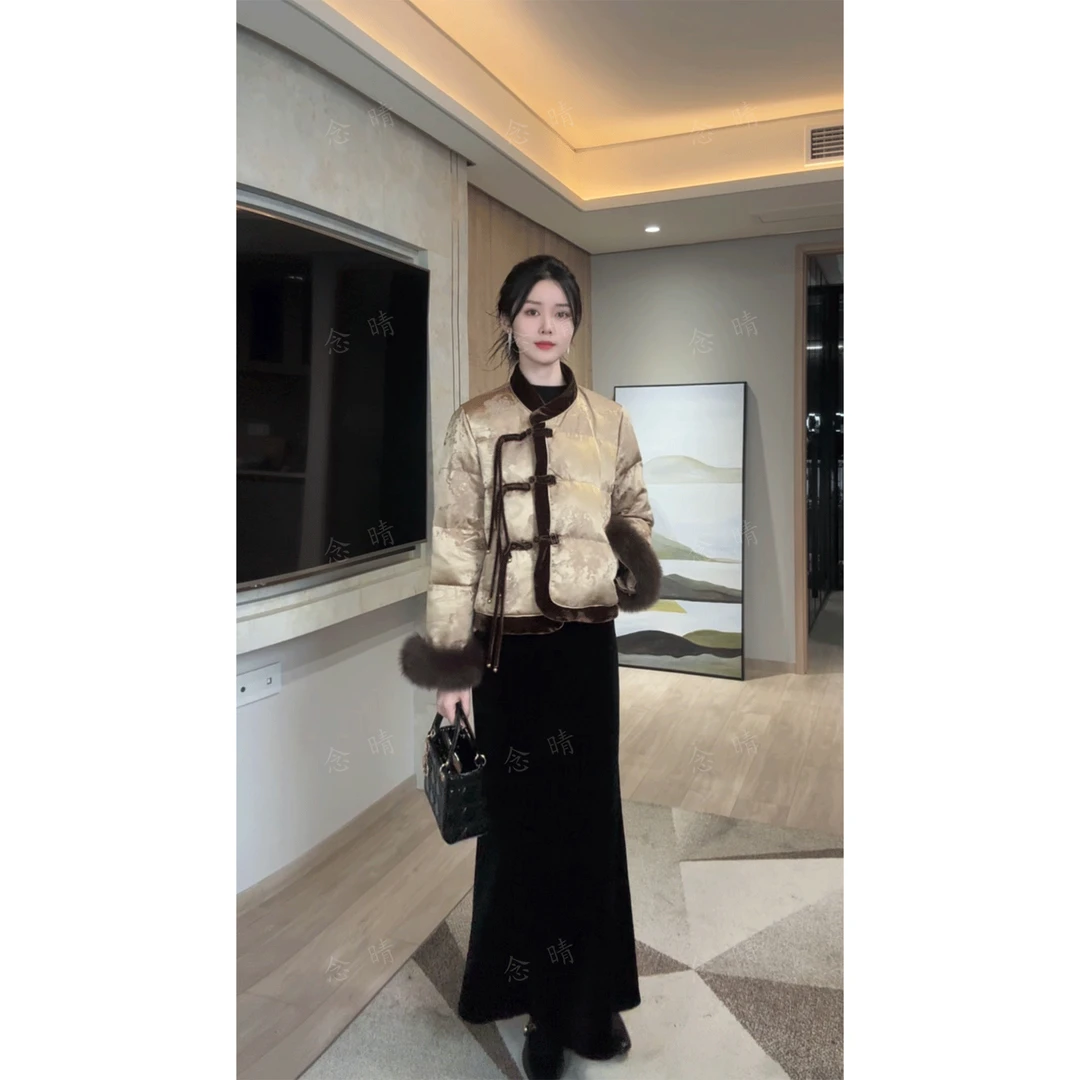 新中式国风流苏盘扣袖口狐狸毛轻奢优雅女士90白鸭绒羽绒服外套